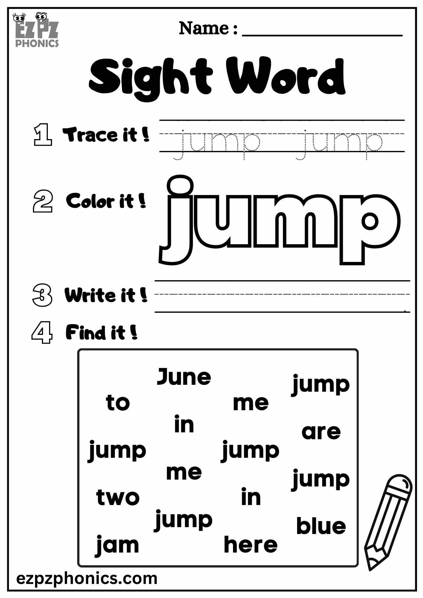 The "Jump" Sight Word Worksheet for Pre-Kindergarten Students Dolch Sight Words Free PDF Download